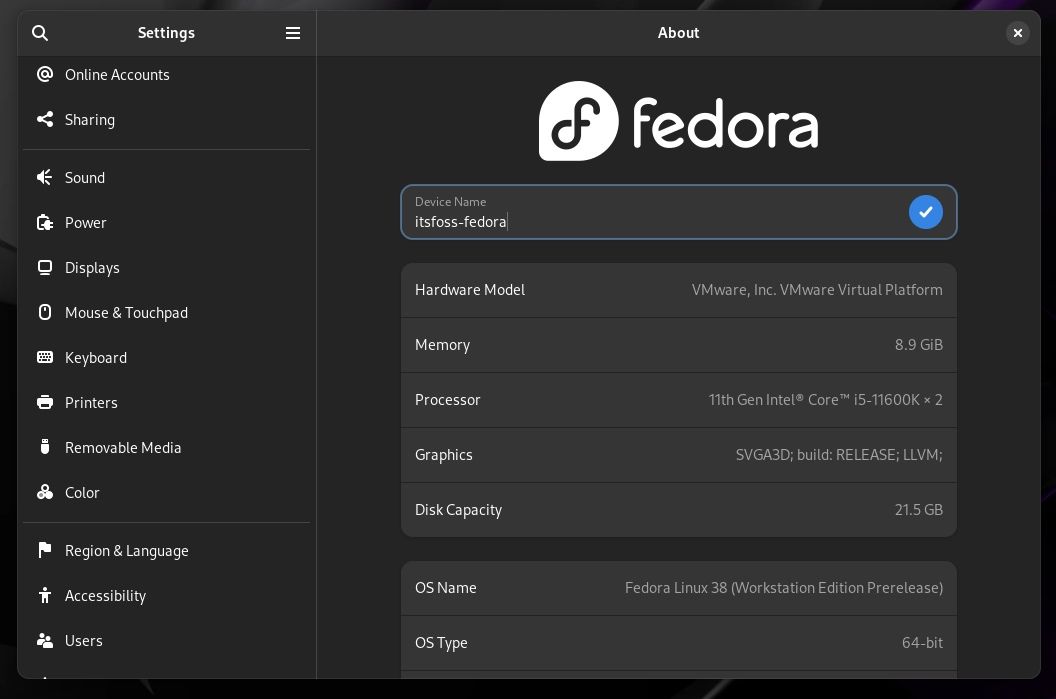 fedora about section that allows changing hostname