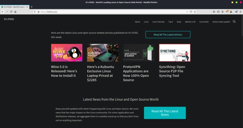 It's FOSS Homepage in Dark Mode with Dark Reader