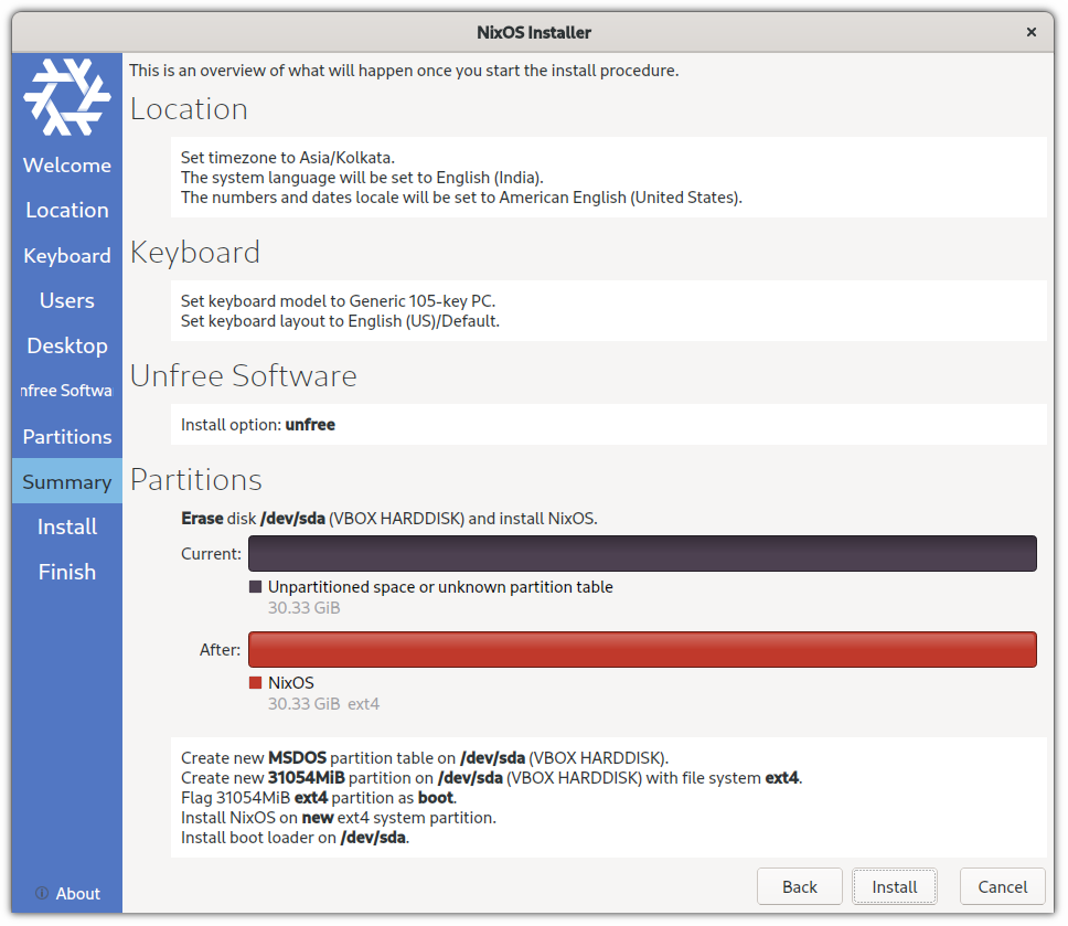 summery of NixOS installation options in VM