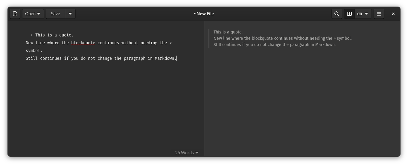 screenshot showing continued blockquote by using just one > symbol in the first line