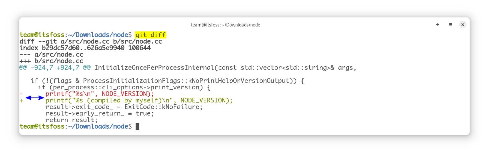 "git diff" command to show the changed line