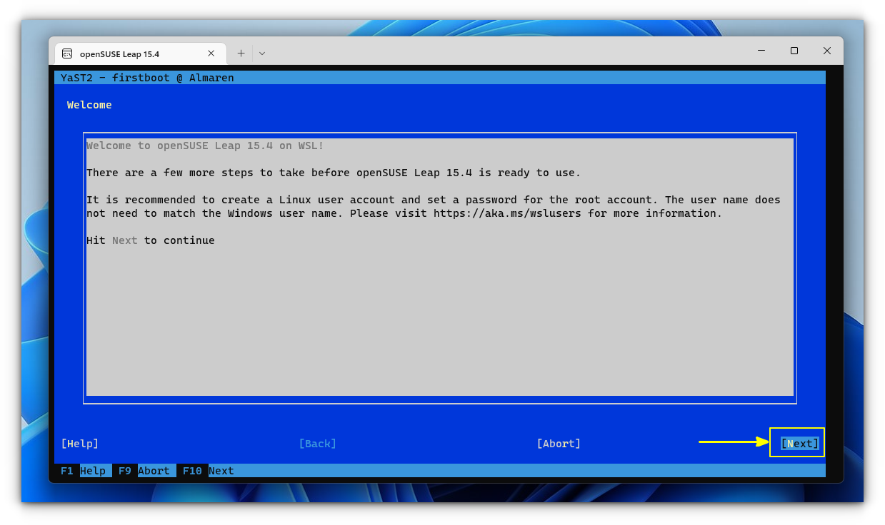 hit next to continue opensuse setup