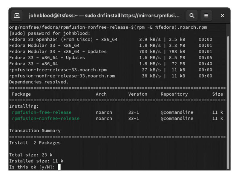 Install RPM Fusion via command line