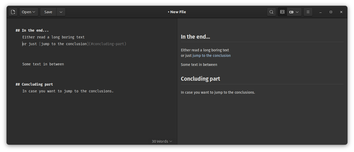 Markdown editor showing example of linking to a section