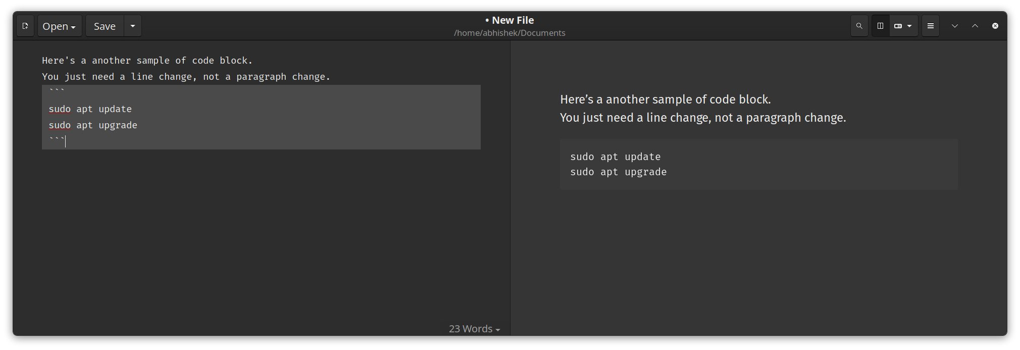 Adding code blocks in Markdown with three backticks
