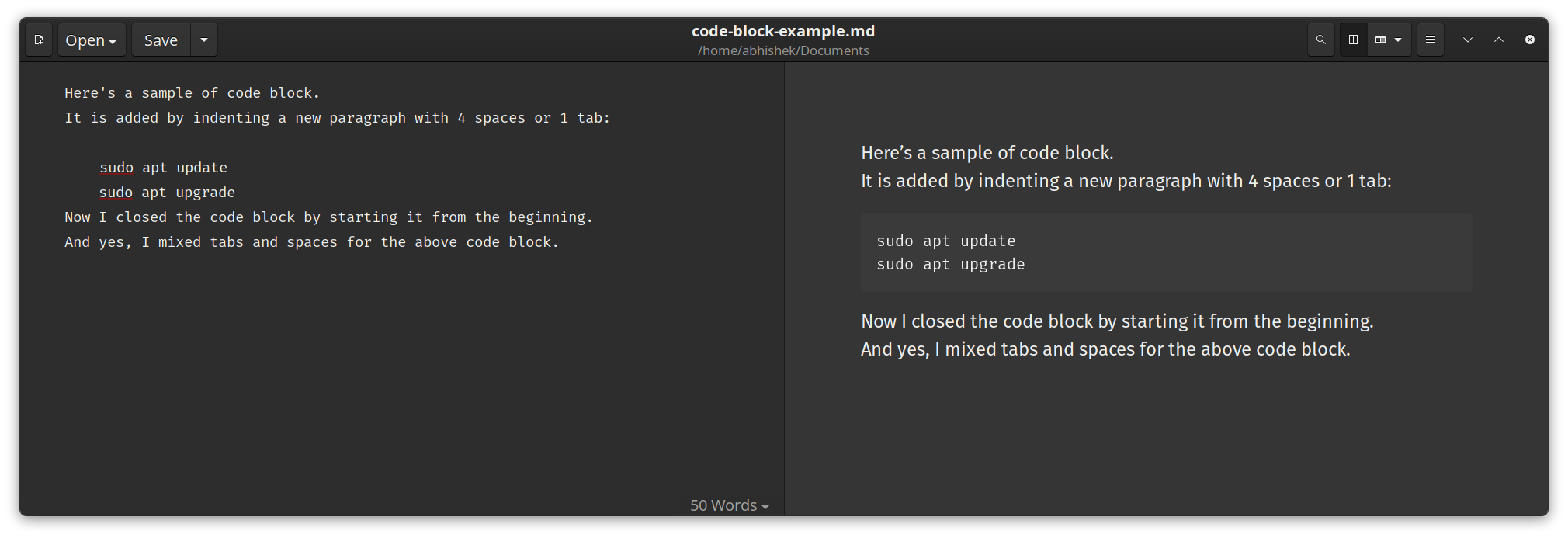 Adding code blocks in Markdown with tabs and spaces