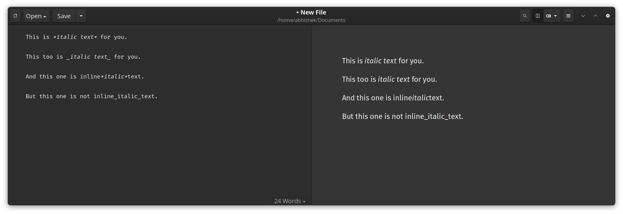 Italic text example in Markdown