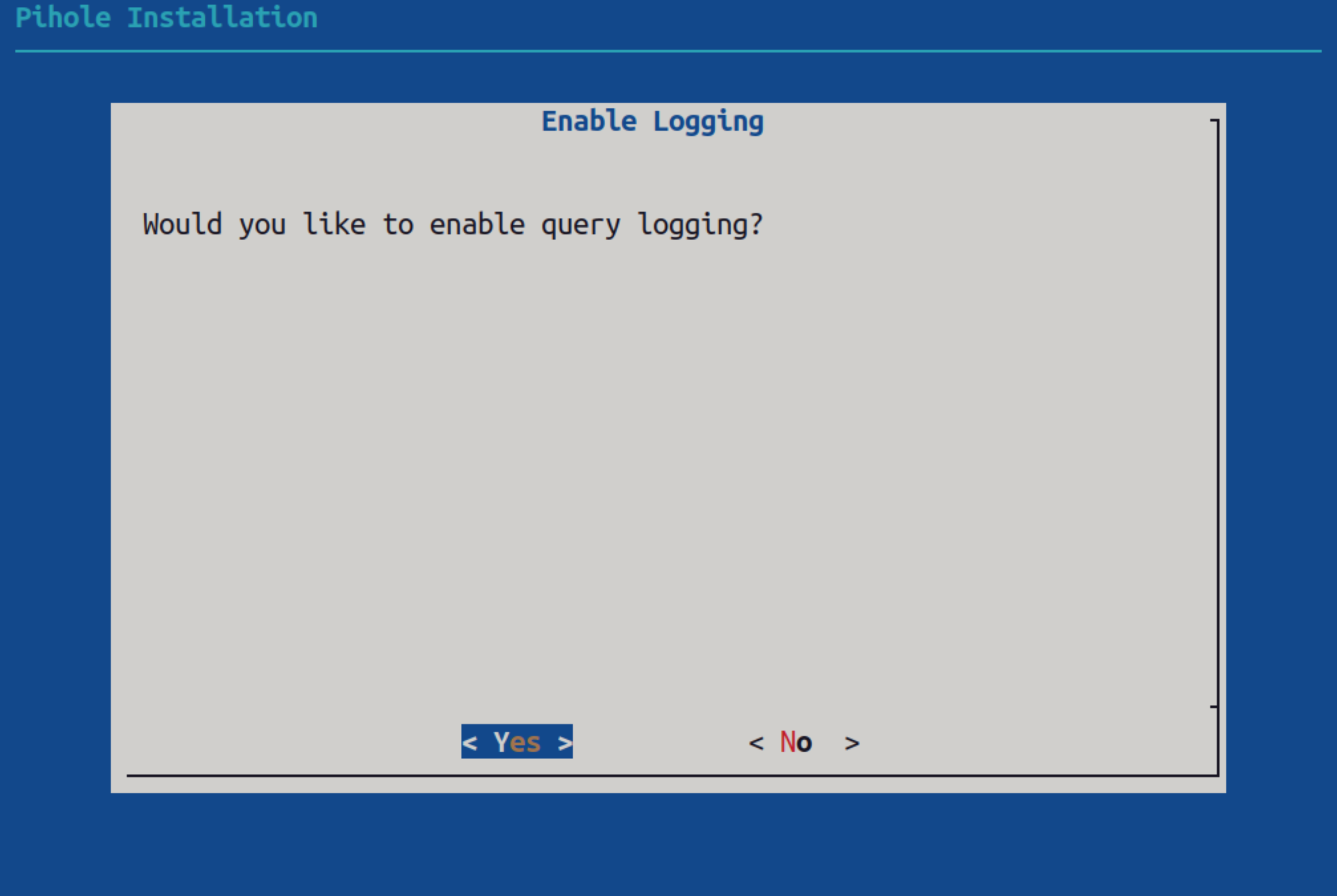 THe Pi-hole installer is asking if the user needs queries logged.