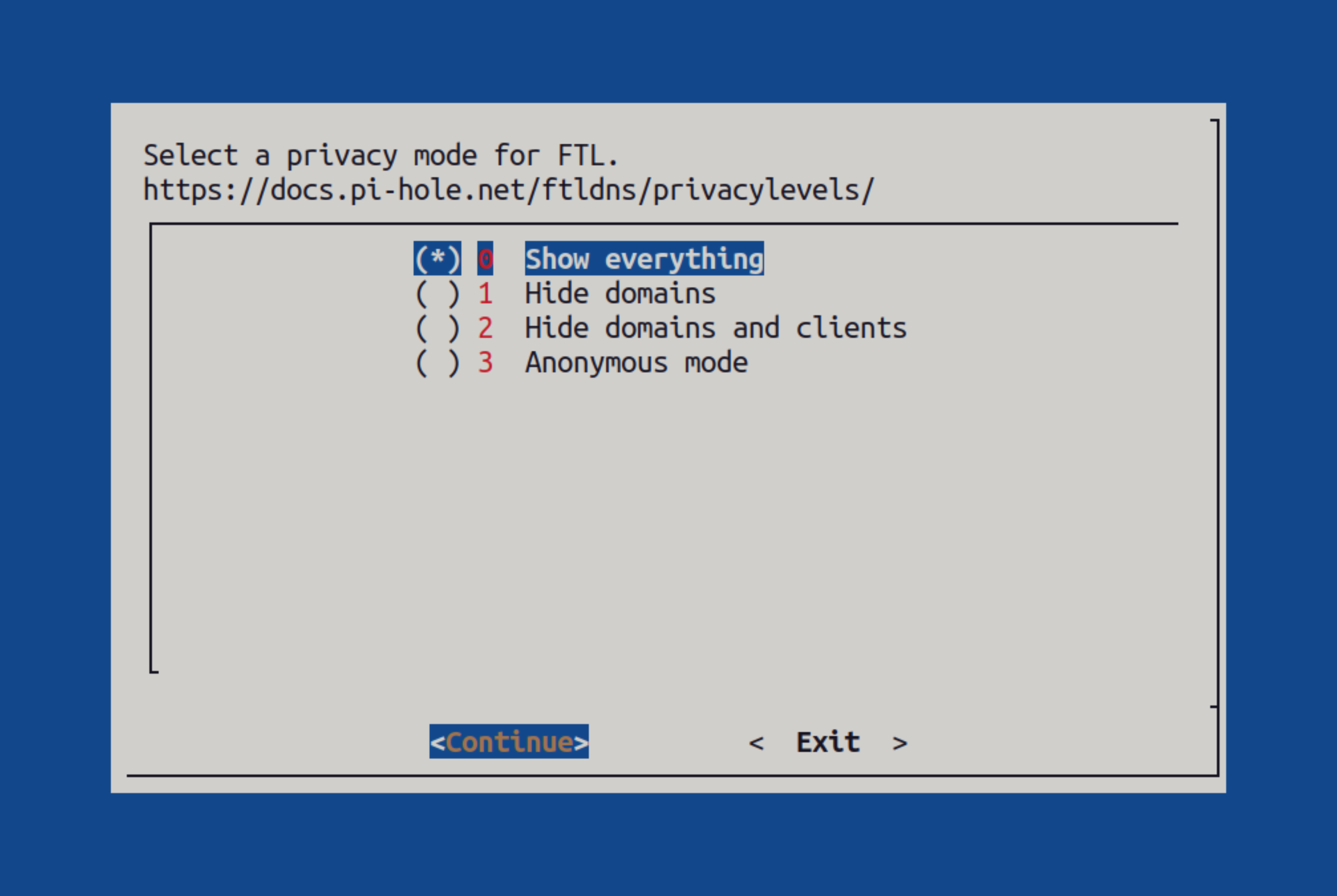 The Pi-hole installer is asking for verbosity of logs.