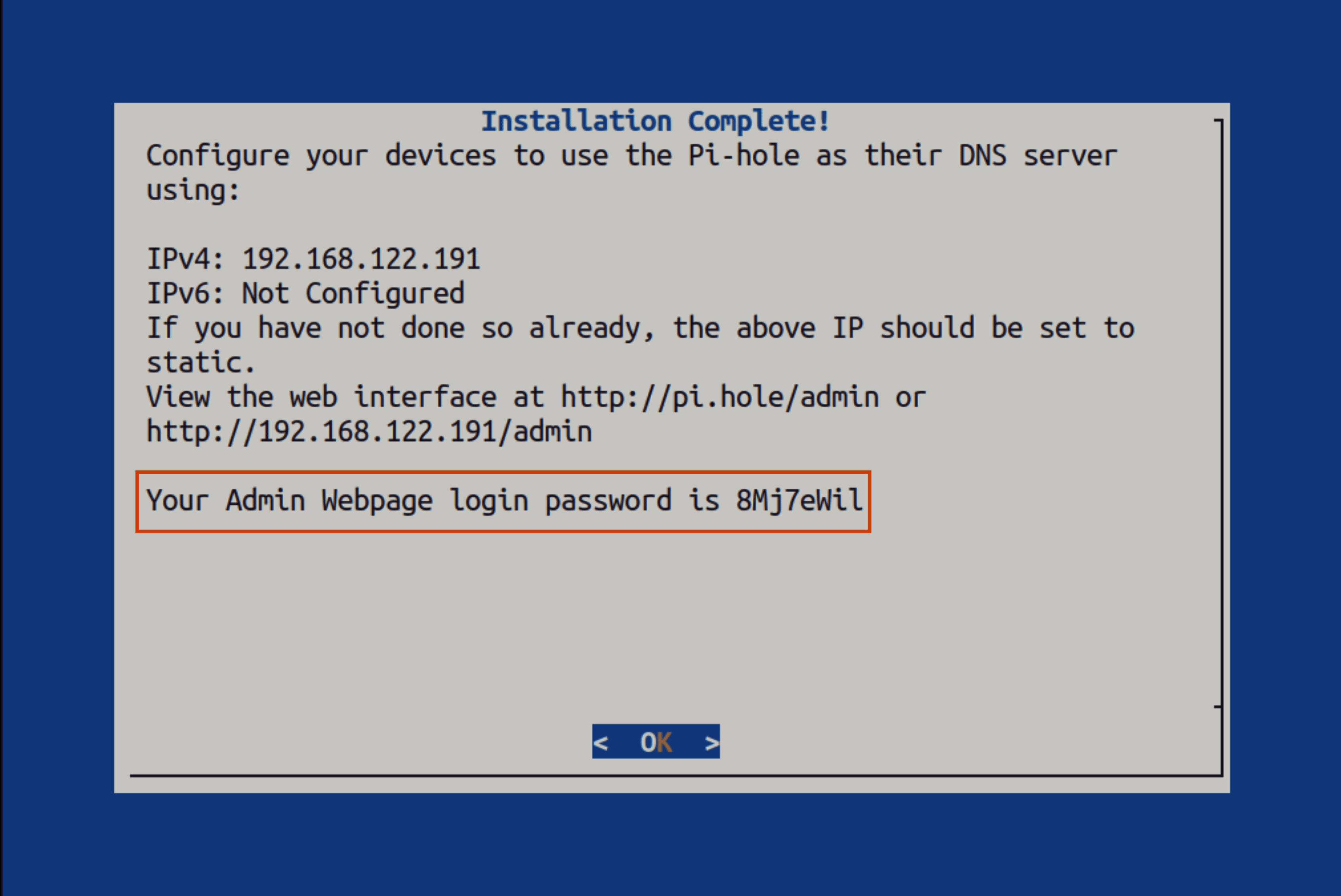 The final screen of Pi-hole automated installation that shows you methods of accessing the Pi-hole Web UI and the randomly generated password