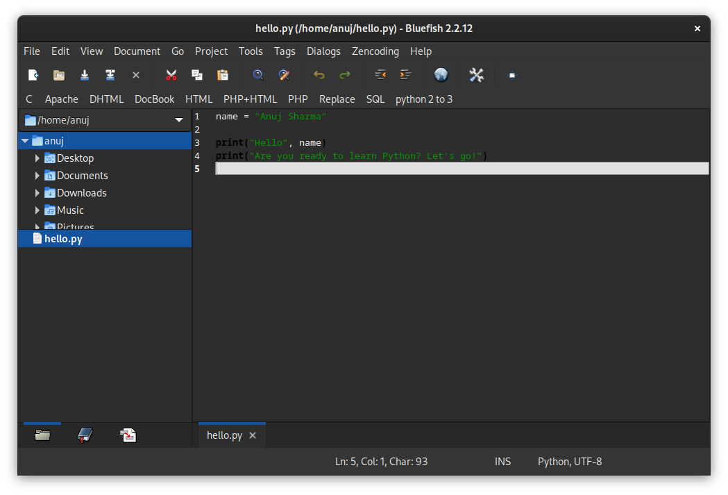 python ide bluefish