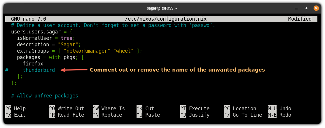 remove package using nix config file on NixOS
