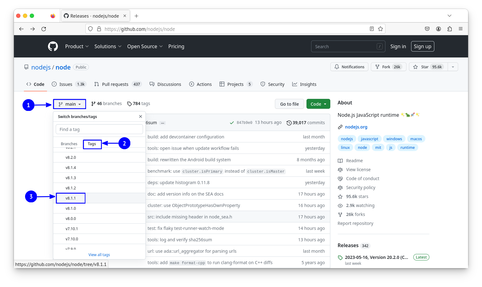 Select the required release tag for the package of your choice (In this case, Node.js v8.1.1)