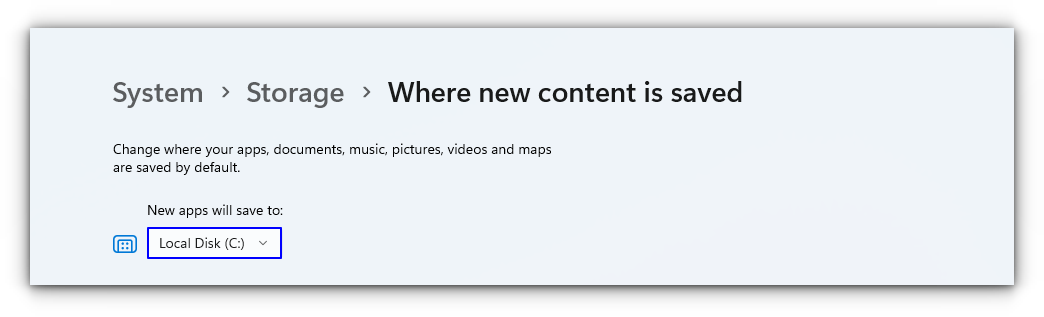 select the c drive as storage space for new apps in windows 11 settings