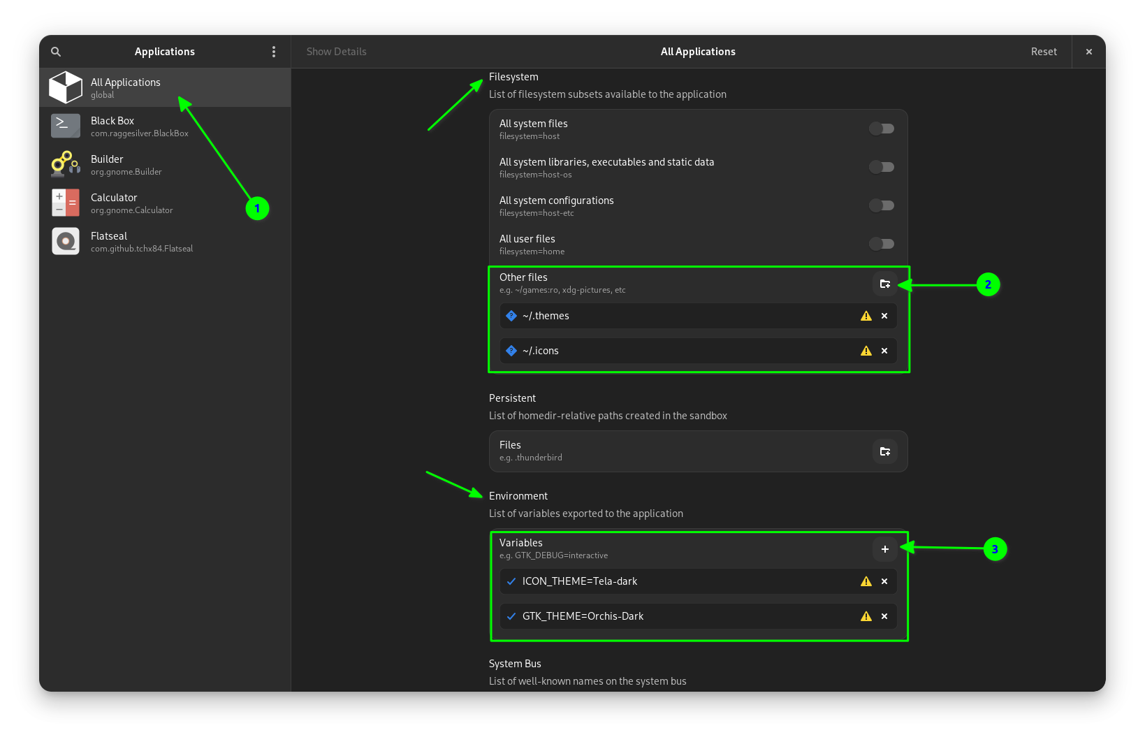 setting theme and icon for all flatpak apps through flatseal