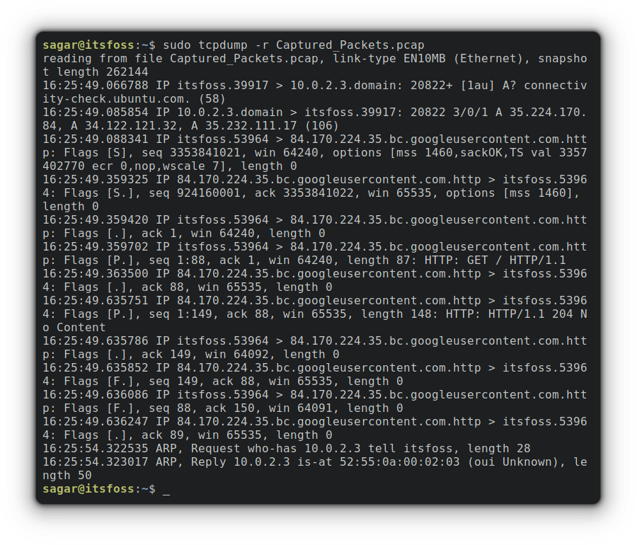 sudo tcpdump r filename